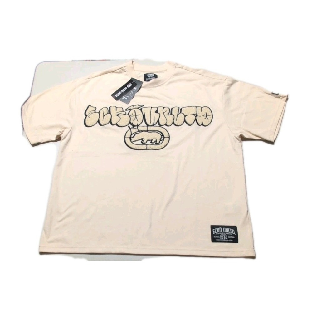 Ecko Unltd Oversized Embroidered T-shirt Cream Men's S Urban Streetwear Hip Hop